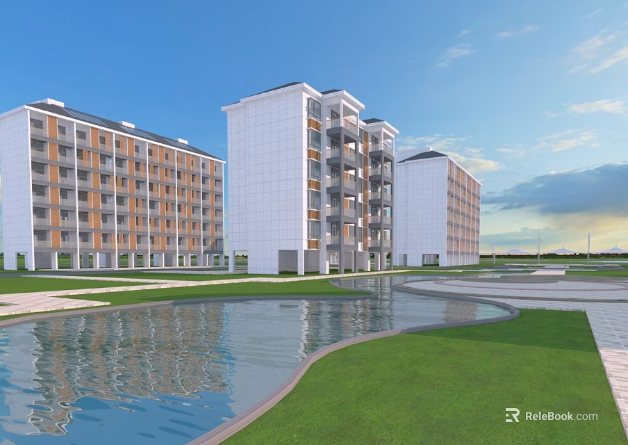 Modern High Rise Residential Buildings With Green Lawn And Water Pond Scenery 3d model 