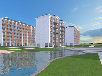 Modern High Rise Residential Buildings With Green Lawn And Water Pond Scenery 3d model