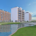 Modern High Rise Residential Buildings With Green Lawn And Water Pond Scenery