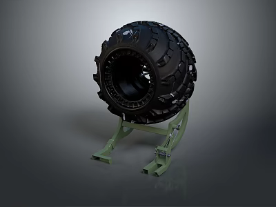 Black Rubber Tire Placed On Green Metal Stand Against Gray Background 3d model