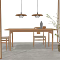 Natural Style Wooden Dining Table Set with Chairs Pendant Lights Vase Bowl and Potted Plant