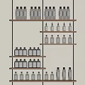Various Bottles Arranged On Wooden Shelves With Different Styles And Sizes