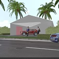 Roadside Facilities Featuring Palm Trees Covered Building Green Hedges And Parked Red Blue Cars