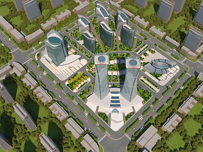 Aerial Planning of Modern Urban Area With High Rise Buildings Green Spaces and Road Layout 3d model