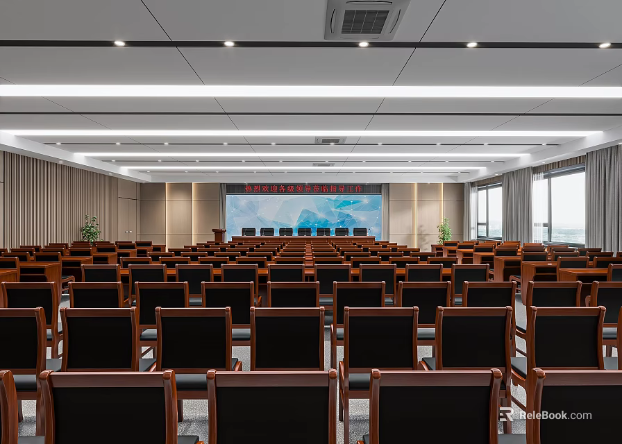 Spacious Conference Room With Rows Of Black Chairs Large Screen Ceiling Lights And Windows 3d model 