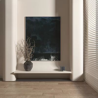 Stylish Interior Decor With Dark Abstract Painting White Bench And Dried Branches 3d model
