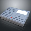 Gray Electronic Control Panel With Multiple Buttons Knobs Red Button And Display Screen