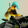 Woman With Blue Hair In Yellow Top And Black Pants Sitting On Futuristic Cyberpunk Motorcycle