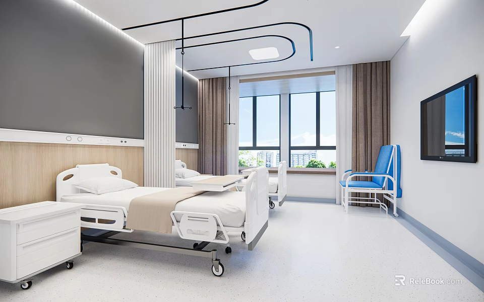Modern Hospital Outpatient Clinic Interior With Medical Beds Blue Chairs Windows Curtains And TV 3d model 