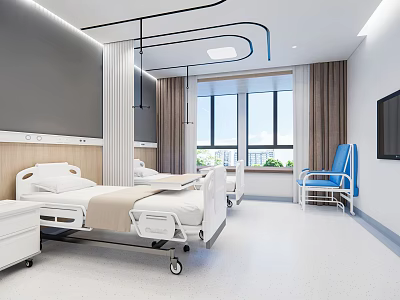 Modern Hospital Outpatient Clinic Interior With Medical Beds Blue Chairs Windows Curtains And TV 3d model