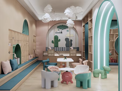 Colorful Kids Playroom With Cloud Shaped Pendant Lights Cactus Cartoon Wall Decor Arched Green Doorway 3d model