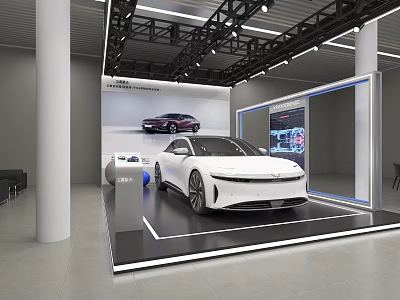 Car Dealership Showroom Showcasing White Car With Modern Lighting And Display Screen 3d model
