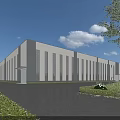 Modern Industrial Factory Building With Large Glass Windows And Surrounding Greenery