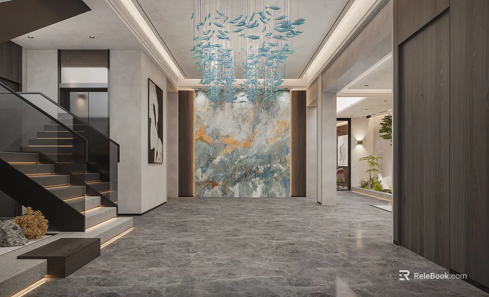 Modern Basement Hall With Art Wall And Chandelier 3d model