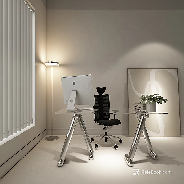 Modern Office Desk With Glass Top iMac Black Chair Floor Lamp Blinds Wall Art Plant 3d model 