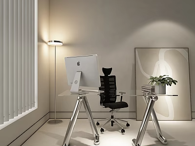 Modern Office Desk With Glass Top iMac Black Chair Floor Lamp Blinds Wall Art Plant 3d model