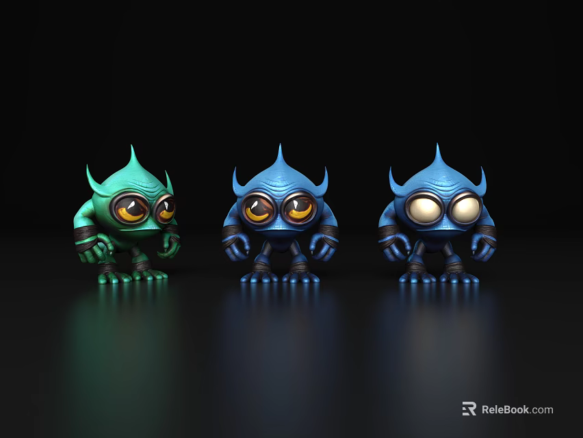 Three Colorful Cartoon Monsters With Big Eyes And Horns On Dark Reflective Surface 3d model 