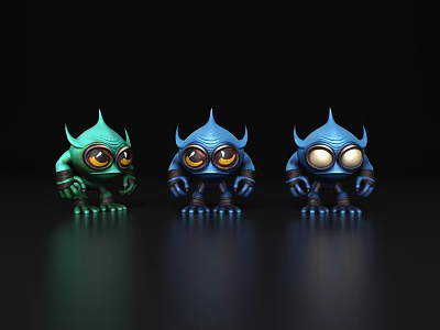 Three Colorful Cartoon Monsters With Big Eyes And Horns On Dark Reflective Surface 3d model