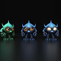 Three Colorful Cartoon Monsters With Big Eyes And Horns On Dark Reflective Surface