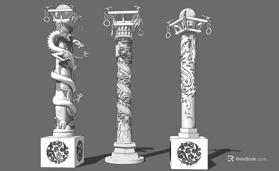 Elaborately Carved Decorative Pillars With Dragon Patterns And Ornamental Tops Bases 3d model 