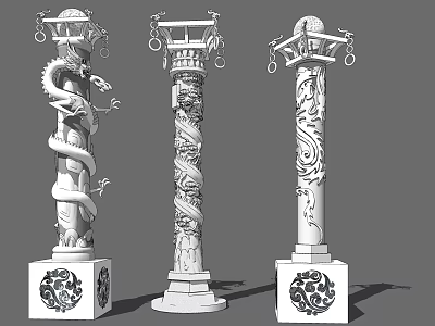 Elaborately Carved Decorative Pillars With Dragon Patterns And Ornamental Tops Bases 3d model