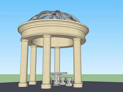 Elegant Outdoor Domed Pavilion With Tall Columns Central Fountain And Stone Benches 3d model