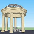 Elegant Outdoor Domed Pavilion With Tall Columns Central Fountain And Stone Benches