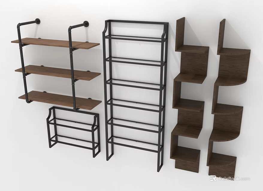Modern Wooden And Metal Shelving Furniture With Wall Mounted And Standing Storage Designs 3d model 