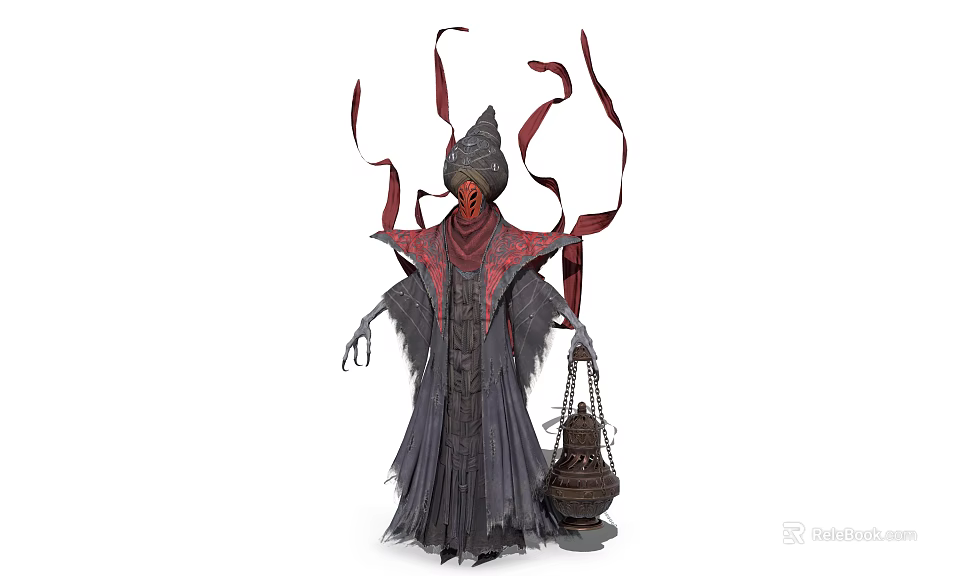 Mystical Fantasy Character With Pointed Hat Red Ribbons Dark Robe Carrying Basket 3d model 