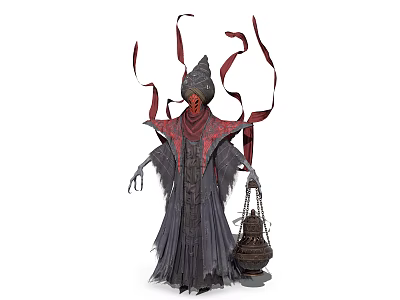 Mystical Fantasy Character With Pointed Hat Red Ribbons Dark Robe Carrying Basket 3d model