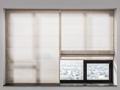 Linen Textured Beige Roller Curtains for Window with Tree View Outside 3d model