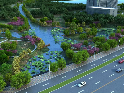 Charming Urban Waterside Garden Landscape With Lotus Pond Winding Paths And Lush Colorful Plants 3d model