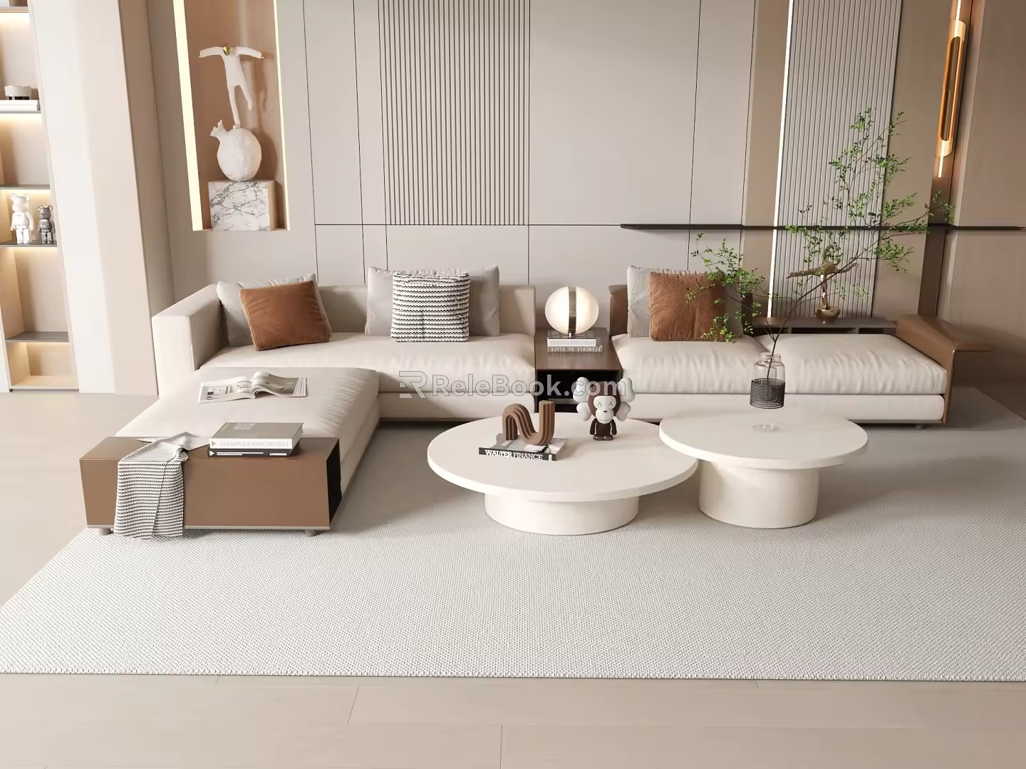 Cream wind three-person sofa coffee table sofa background wall 3d model