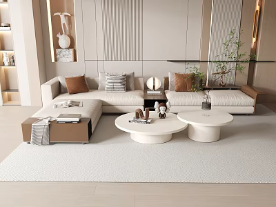 Modern Luxury Beige Three Seater Sofa With Round Coffee Tables Throw Pillows Rug Green Plant 3d model