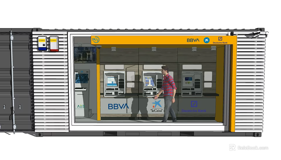 BBVA Bank Container Branch With ATMs And Customer Walking Inside Business Edge Services 3d model 