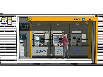 BBVA Bank Container Branch With ATMs And Customer Walking Inside Business Edge Services 3d model