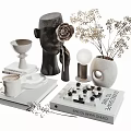 Modern Decorative Ornament Set with Black Sculptural Head White Vase Dried Flowers Chessboard and Tray