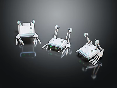 Three White Robots with Spider Like Legs Antennas and Green Indicator Lights on Black Background 3d model