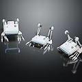 Three White Robots with Spider Like Legs Antennas and Green Indicator Lights on Black Background