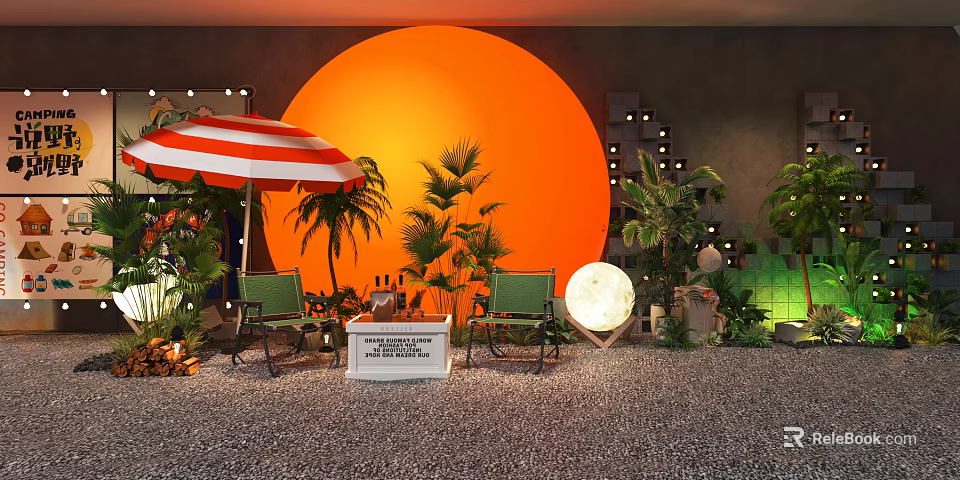 Outdoor Leisure Space With Orange Circular Background Red White Striped Umbrella Green Chairs And Plants 3d model 