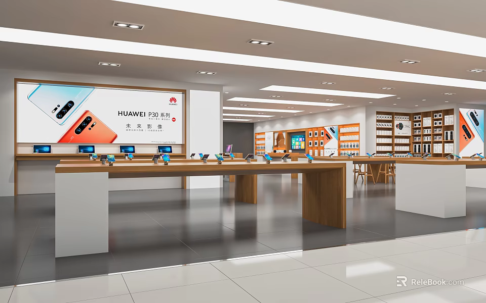 Modern Digital Store Interior Featuring Huawei P50 Pro Display Counter And Electronics Products 3d model 