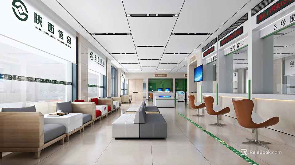 Modern Bank Lobby Interior With Seating Area Sofa Chairs Service Counters And Screens 3d model 