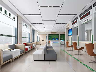 Modern Bank Lobby Interior With Seating Area Sofa Chairs Service Counters And Screens 3d model