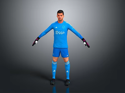 A Man in Blue Sports Uniform with Biggo Logo Wearing Goalkeeper Gloves and Outstretched Arms 3d model