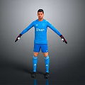 A Man in Blue Sports Uniform with Biggo Logo Wearing Goalkeeper Gloves and Outstretched Arms