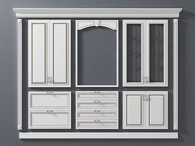 White Cabinet Storage Unit With Glass Panel Doors And Drawers Design 3d model