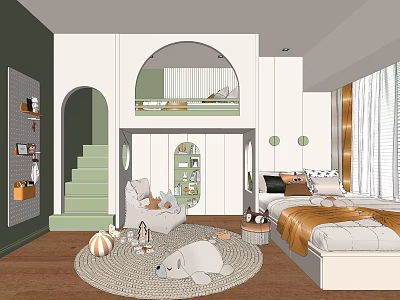 Kids Room Interior Design With Bunk Bed Staircase Rug Toys Cozy Chair And Curtains 3d model