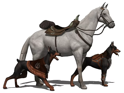 White Horse With Saddle Standing Beside Two Doberman Dogs Wearing Decorations 3d model