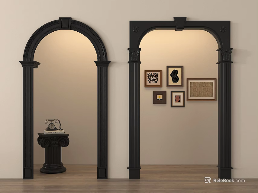 Black Arch And Rectangular Door Frame Components With Decorative Columns Wall Art And Wooden Floor 3d model 