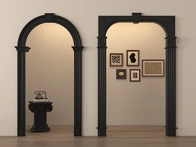Black Arch And Rectangular Door Frame Components With Decorative Columns Wall Art And Wooden Floor 3d model
